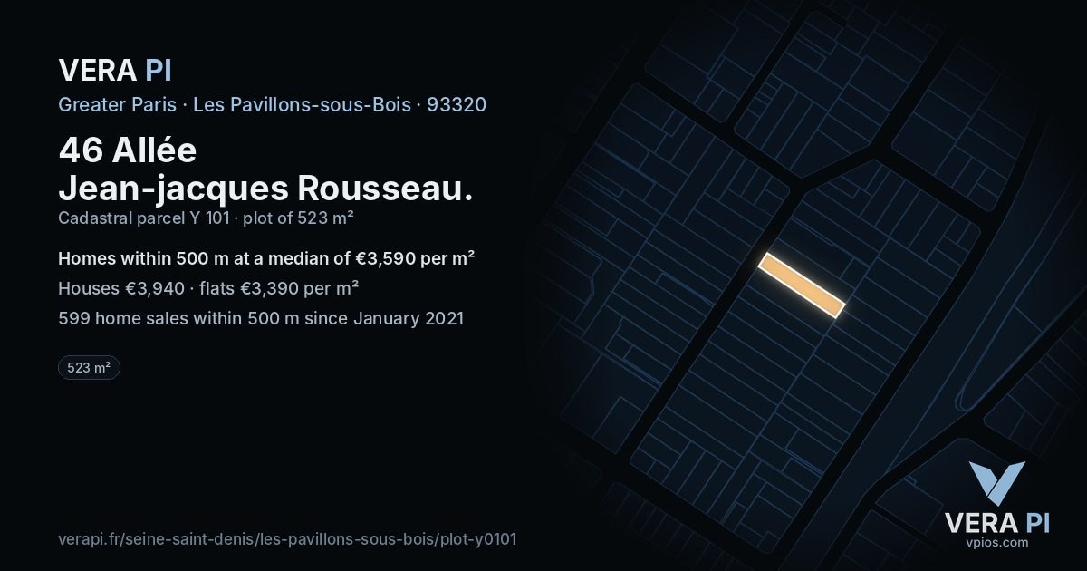 46 Allée Jean-jacques Rousseau, Les Pavillons-sous-Bois at night – the plot lit, the parcels around coloured by the prices near them
