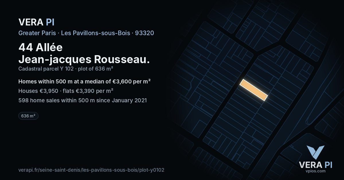 44 Allée Jean-jacques Rousseau, Les Pavillons-sous-Bois at night – the plot lit, the parcels around coloured by the prices near them
