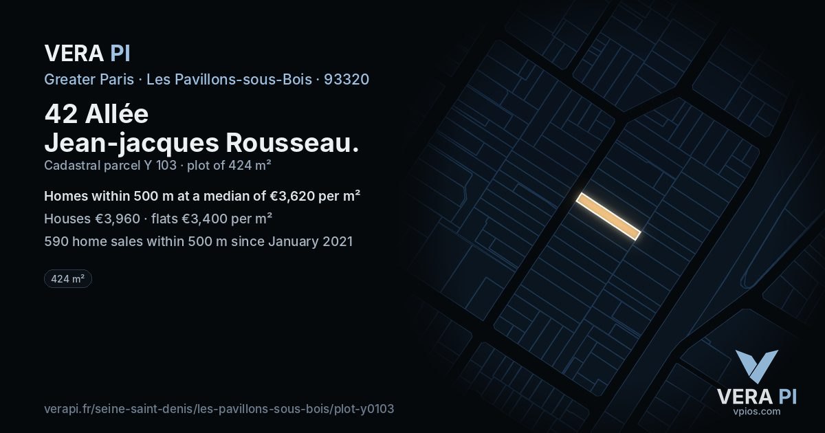 42 Allée Jean-jacques Rousseau, Les Pavillons-sous-Bois at night – the plot lit, the parcels around coloured by the prices near them