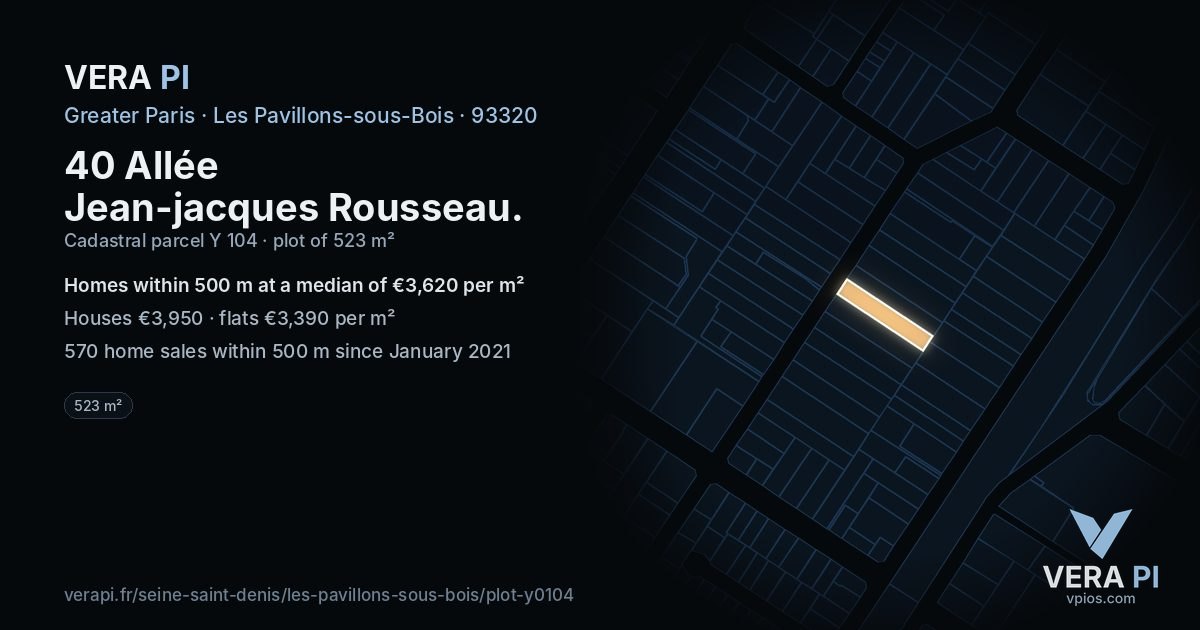 40 Allée Jean-jacques Rousseau, Les Pavillons-sous-Bois at night – the plot lit, the parcels around coloured by the prices near them
