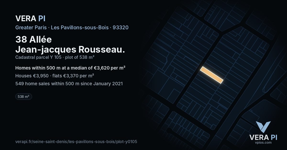 38 Allée Jean-jacques Rousseau, Les Pavillons-sous-Bois at night – the plot lit, the parcels around coloured by the prices near them