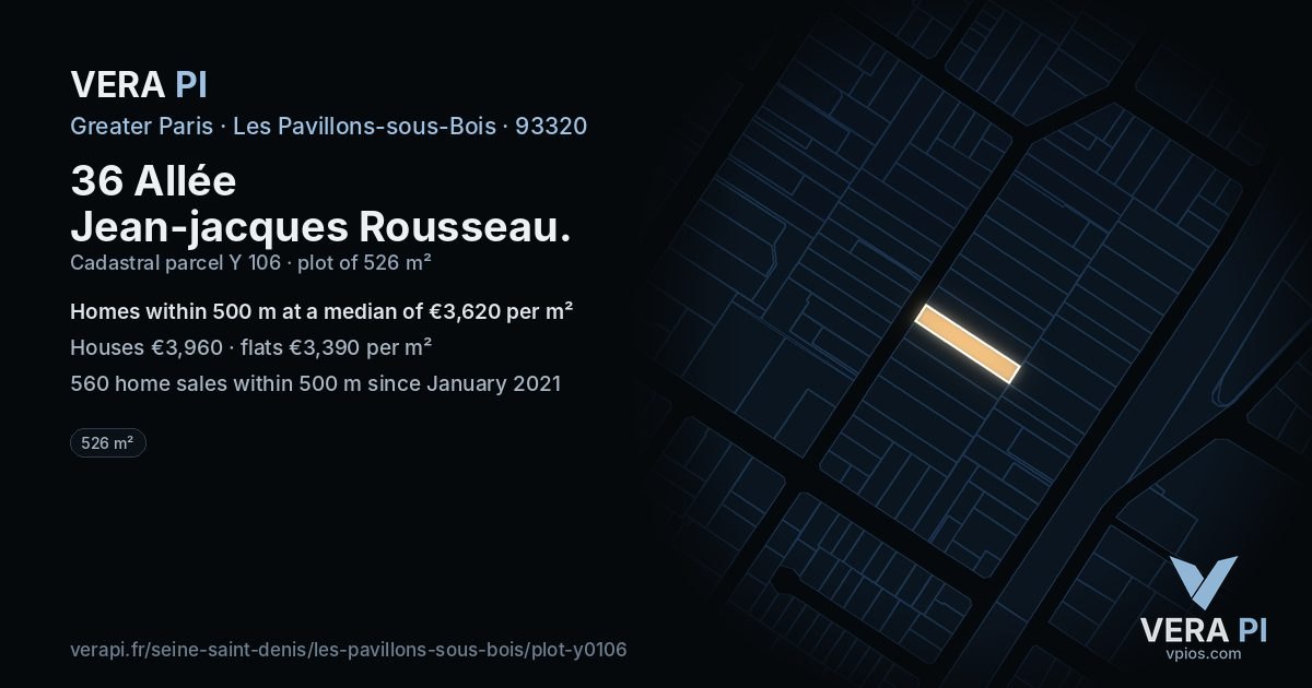 36 Allée Jean-jacques Rousseau, Les Pavillons-sous-Bois at night – the plot lit, the parcels around coloured by the prices near them