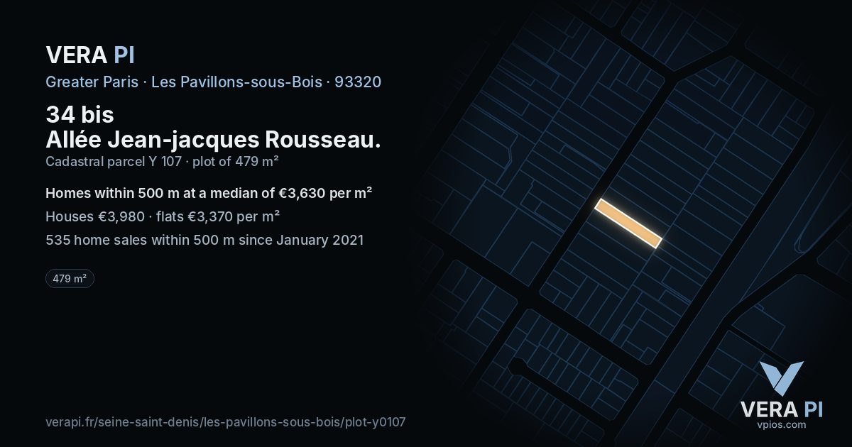 34 bis Allée Jean-jacques Rousseau, Les Pavillons-sous-Bois at night – the plot lit, the parcels around coloured by the prices near them