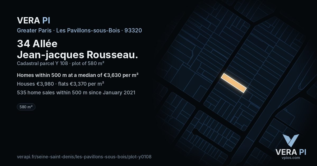 34 Allée Jean-jacques Rousseau, Les Pavillons-sous-Bois at night – the plot lit, the parcels around coloured by the prices near them