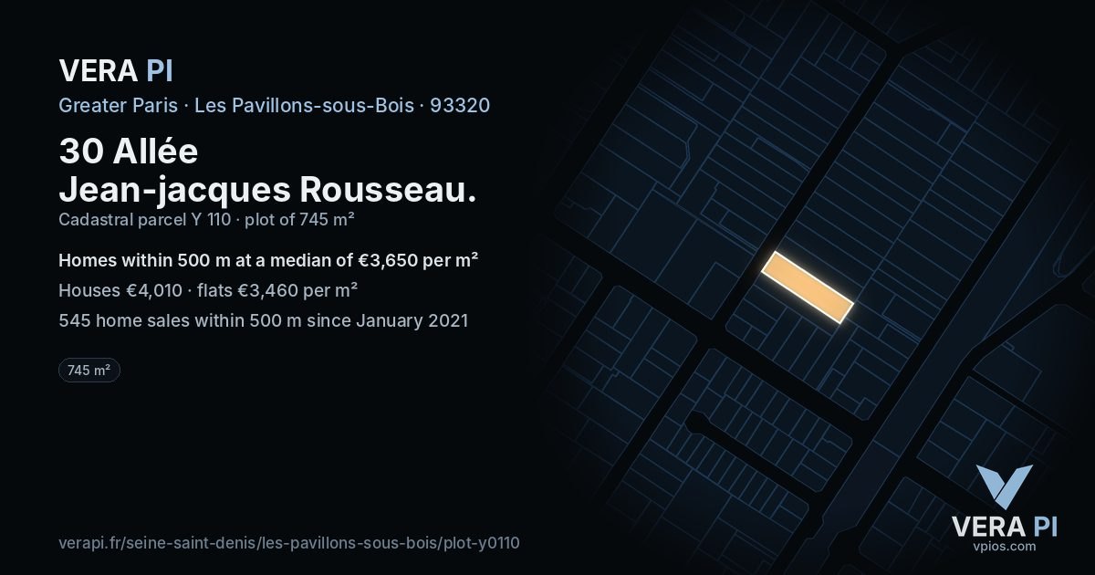 30 Allée Jean-jacques Rousseau, Les Pavillons-sous-Bois at night – the plot lit, the parcels around coloured by the prices near them