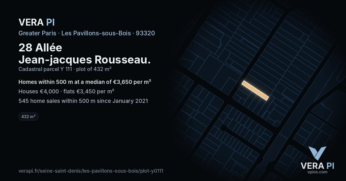 28 Allée Jean-jacques Rousseau, Les Pavillons-sous-Bois at night – the plot lit, the parcels around coloured by the prices near them