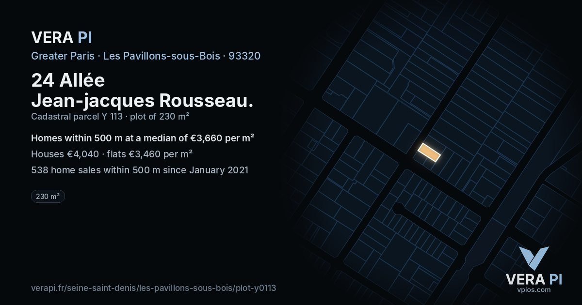 24 Allée Jean-jacques Rousseau, Les Pavillons-sous-Bois at night – the plot lit, the parcels around coloured by the prices near them
