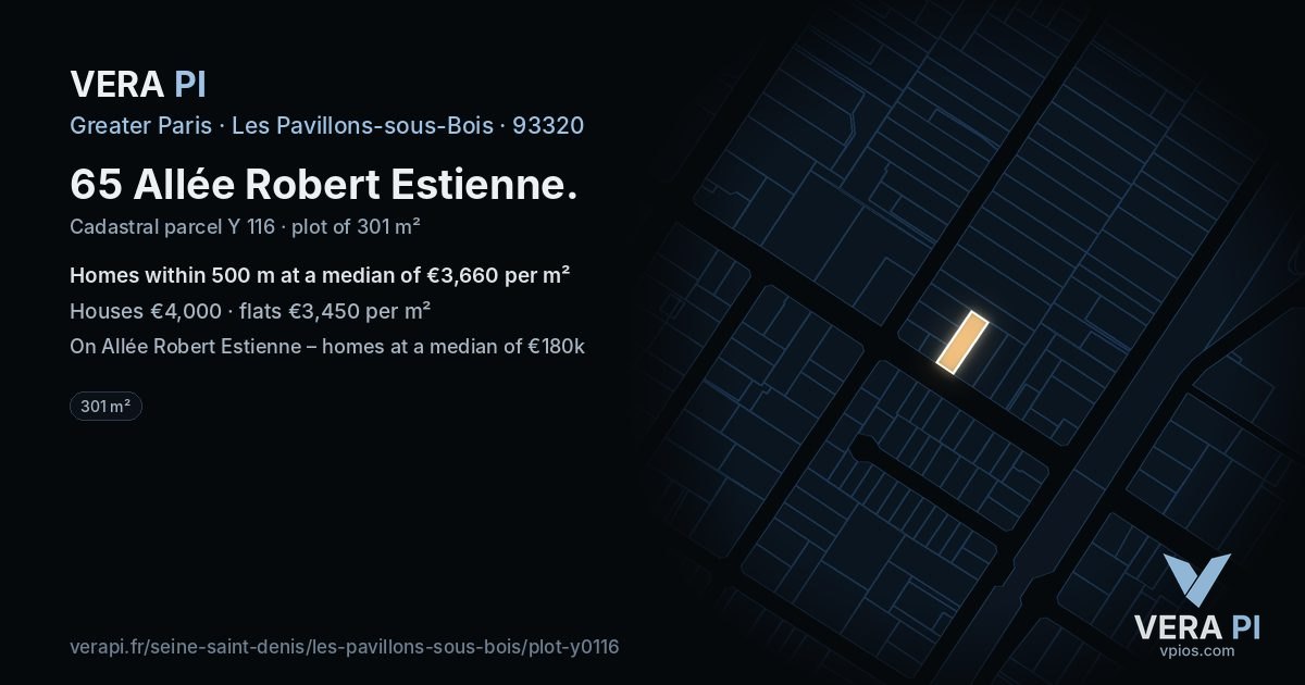 65 Allée Robert Estienne, Les Pavillons-sous-Bois at night – the plot lit, the parcels around coloured by the prices near them