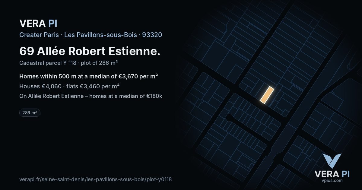 69 Allée Robert Estienne, Les Pavillons-sous-Bois at night – the plot lit, the parcels around coloured by the prices near them