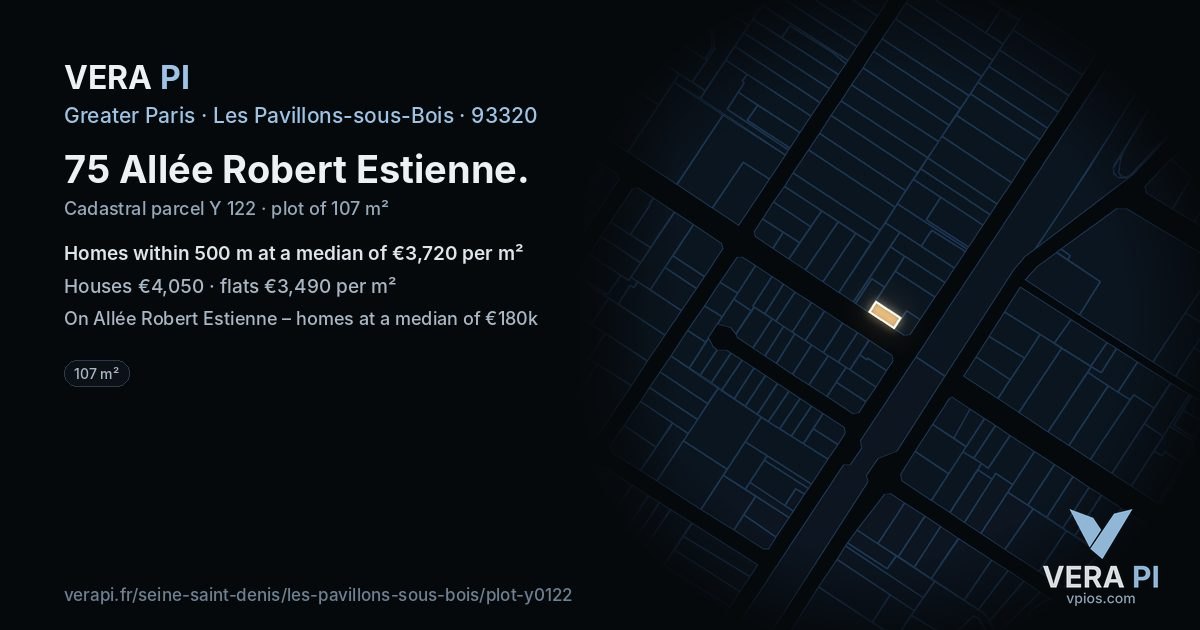 75 Allée Robert Estienne, Les Pavillons-sous-Bois at night – the plot lit, the parcels around coloured by the prices near them