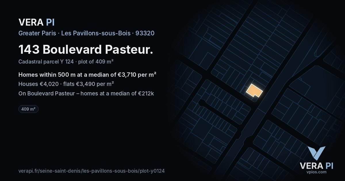 143 Boulevard Pasteur, Les Pavillons-sous-Bois at night – the plot lit, the parcels around coloured by the prices near them