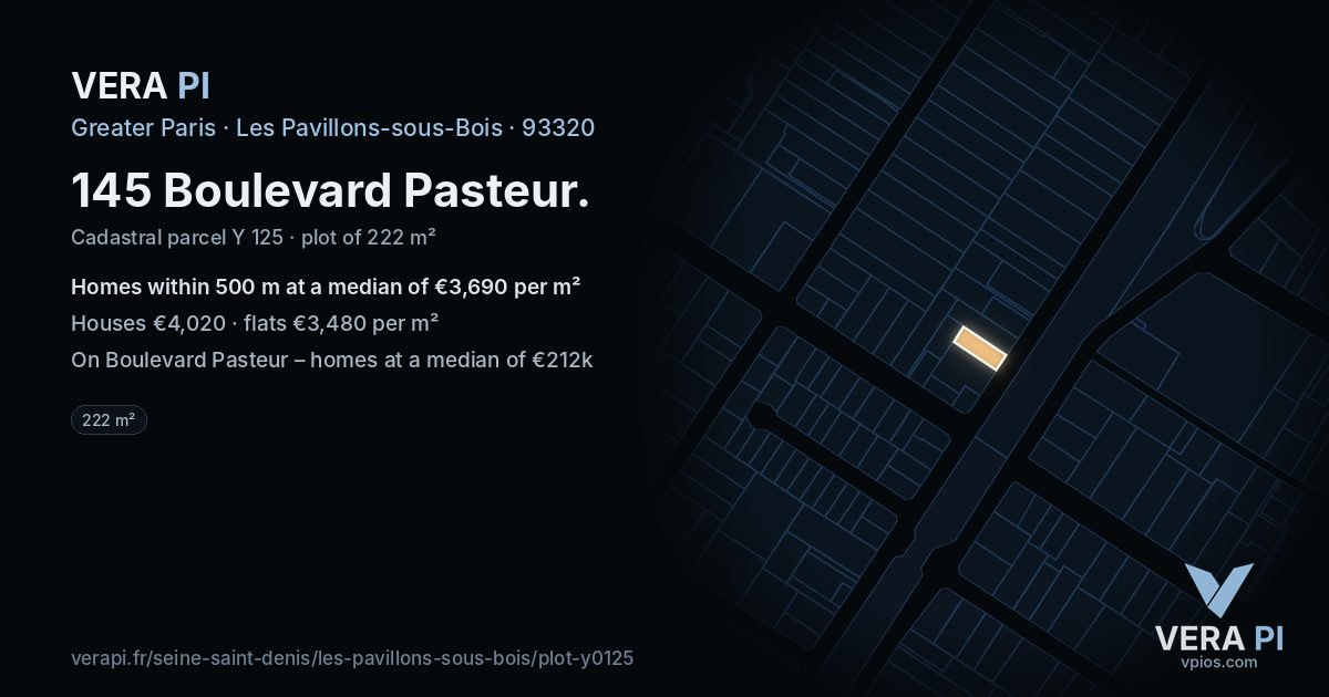 145 Boulevard Pasteur, Les Pavillons-sous-Bois at night – the plot lit, the parcels around coloured by the prices near them