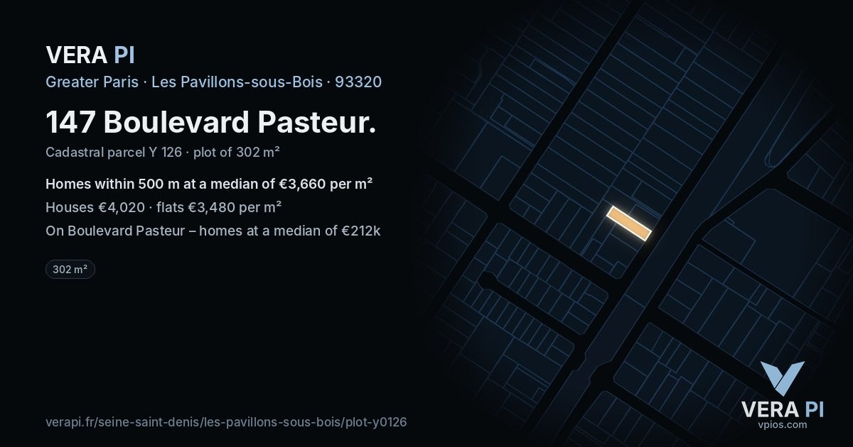 147 Boulevard Pasteur, Les Pavillons-sous-Bois at night – the plot lit, the parcels around coloured by the prices near them