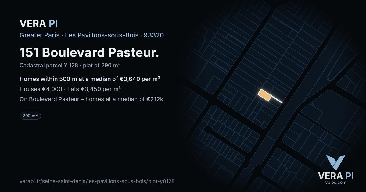151 Boulevard Pasteur, Les Pavillons-sous-Bois at night – the plot lit, the parcels around coloured by the prices near them
