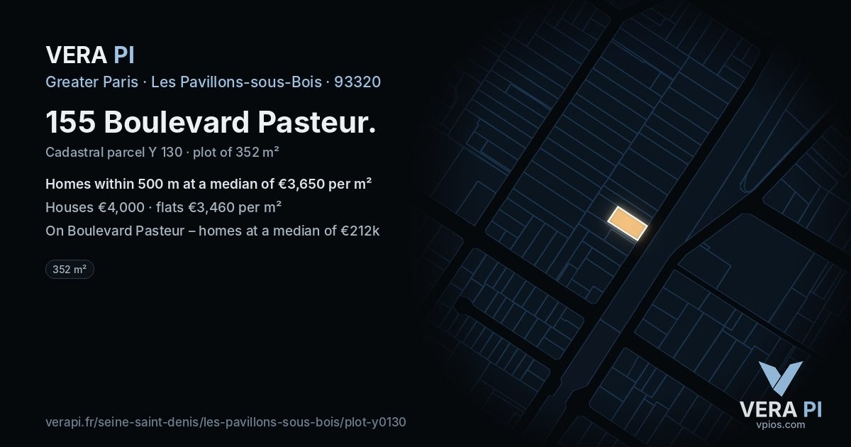 155 Boulevard Pasteur, Les Pavillons-sous-Bois at night – the plot lit, the parcels around coloured by the prices near them