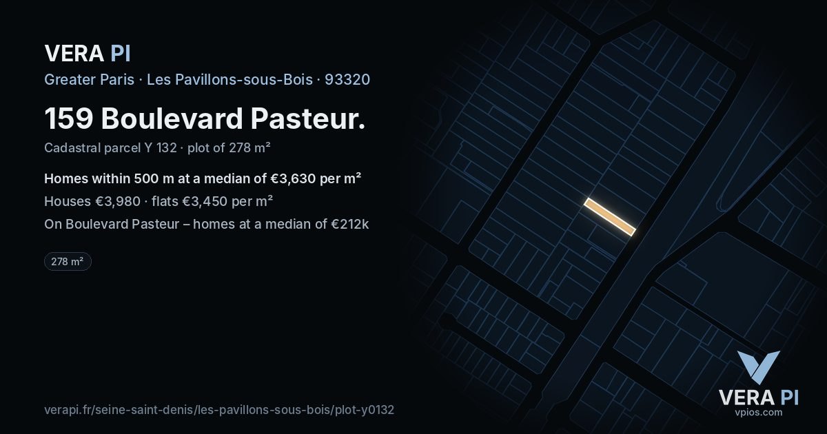 159 Boulevard Pasteur, Les Pavillons-sous-Bois at night – the plot lit, the parcels around coloured by the prices near them