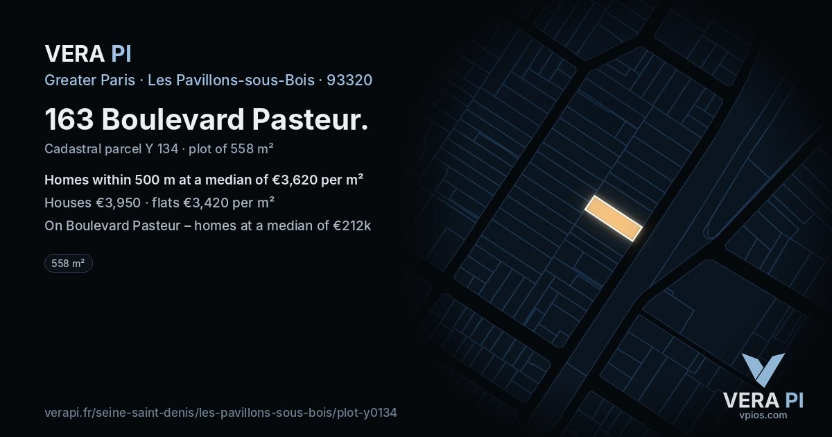 163 Boulevard Pasteur, Les Pavillons-sous-Bois at night – the plot lit, the parcels around coloured by the prices near them