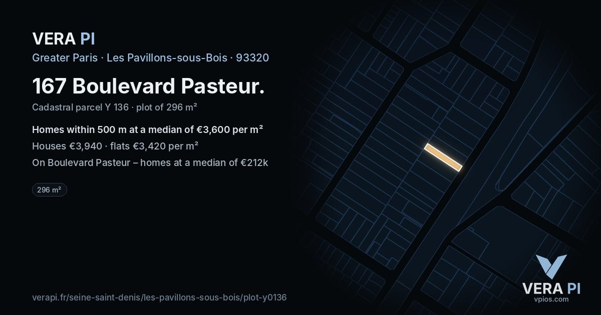 167 Boulevard Pasteur, Les Pavillons-sous-Bois at night – the plot lit, the parcels around coloured by the prices near them