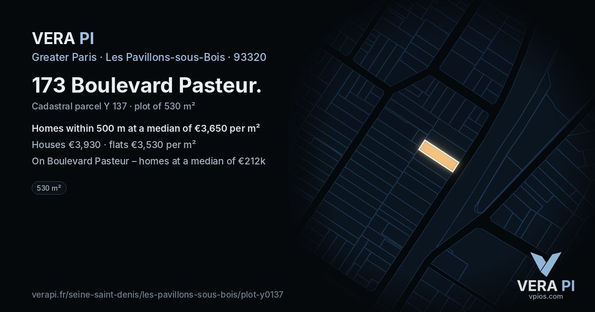173 Boulevard Pasteur, Les Pavillons-sous-Bois at night – the plot lit, the parcels around coloured by the prices near them