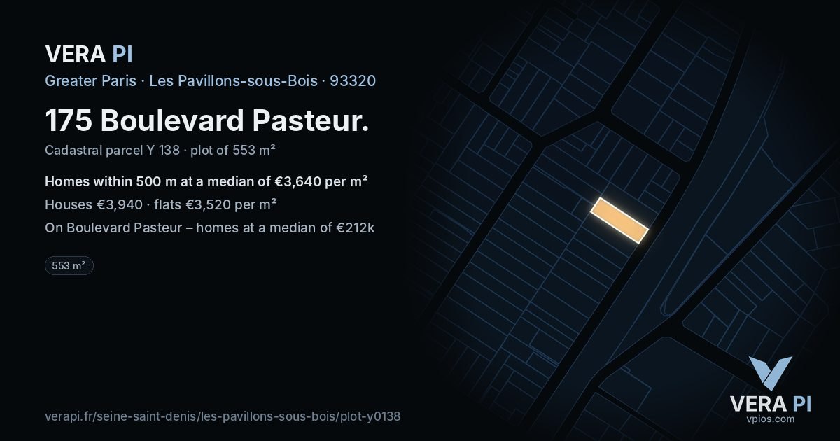 175 Boulevard Pasteur, Les Pavillons-sous-Bois at night – the plot lit, the parcels around coloured by the prices near them