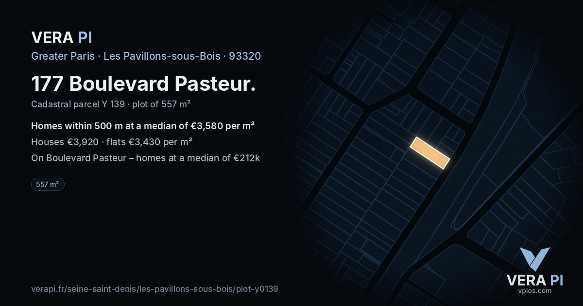 177 Boulevard Pasteur, Les Pavillons-sous-Bois at night – the plot lit, the parcels around coloured by the prices near them