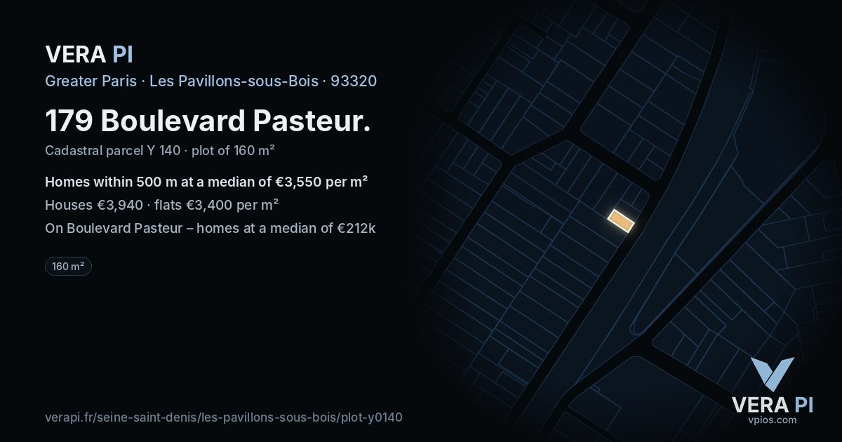 179 Boulevard Pasteur, Les Pavillons-sous-Bois at night – the plot lit, the parcels around coloured by the prices near them