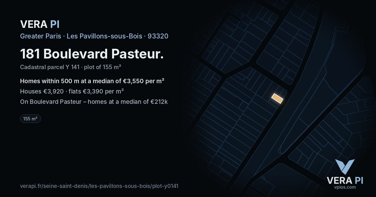 181 Boulevard Pasteur, Les Pavillons-sous-Bois at night – the plot lit, the parcels around coloured by the prices near them