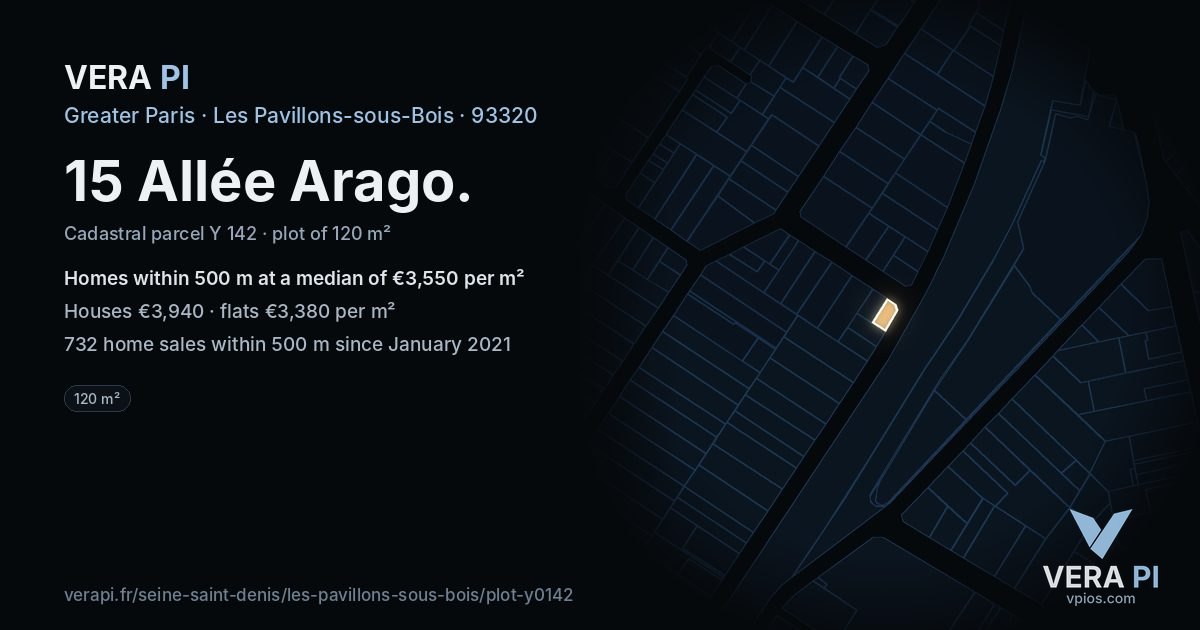 15 Allée Arago, Les Pavillons-sous-Bois at night – the plot lit, the parcels around coloured by the prices near them