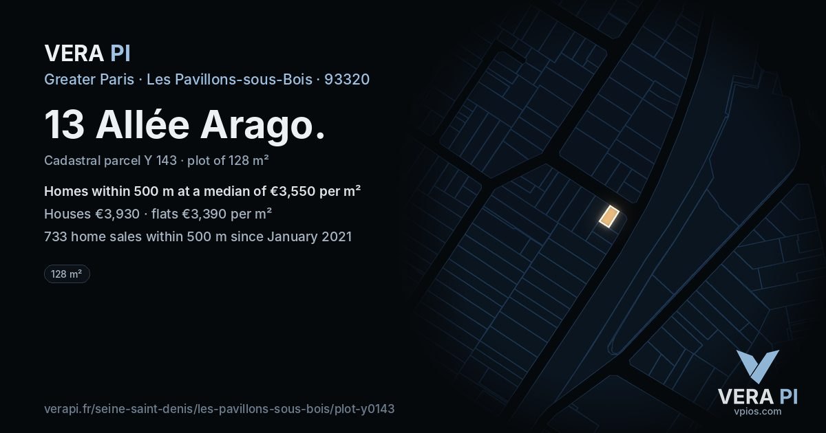 13 Allée Arago, Les Pavillons-sous-Bois at night – the plot lit, the parcels around coloured by the prices near them