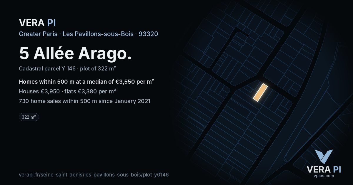 5 Allée Arago, Les Pavillons-sous-Bois at night – the plot lit, the parcels around coloured by the prices near them