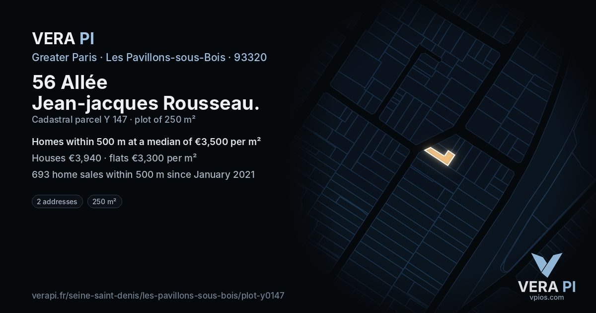 56 Allée Jean-jacques Rousseau, Les Pavillons-sous-Bois at night – the plot lit, the parcels around coloured by the prices near them