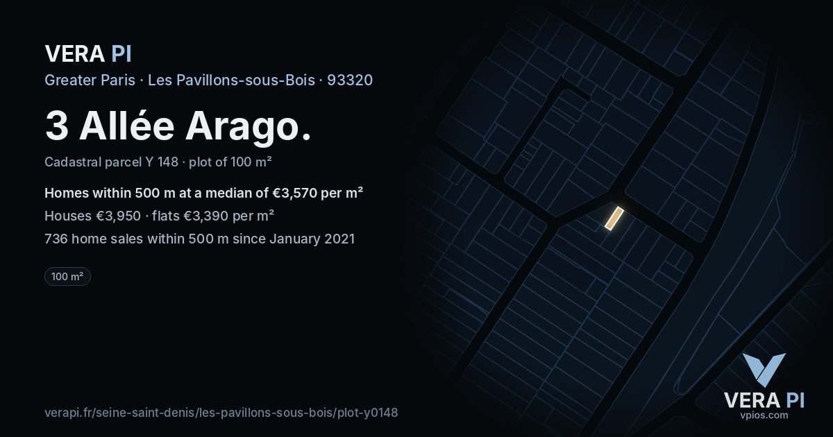 3 Allée Arago, Les Pavillons-sous-Bois at night – the plot lit, the parcels around coloured by the prices near them
