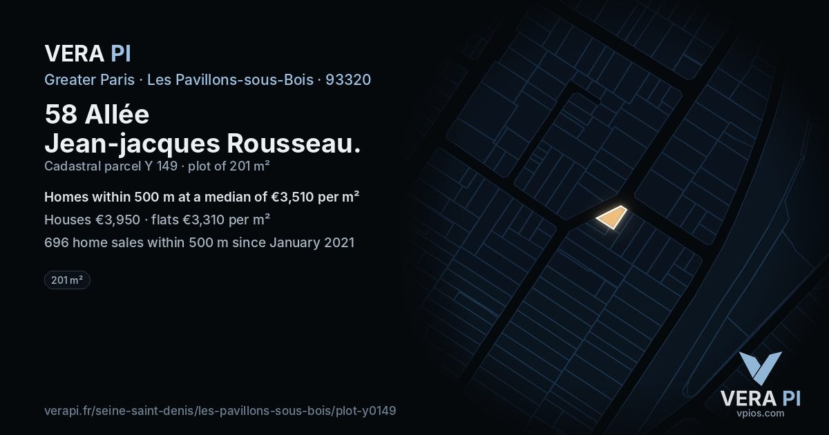 58 Allée Jean-jacques Rousseau, Les Pavillons-sous-Bois at night – the plot lit, the parcels around coloured by the prices near them