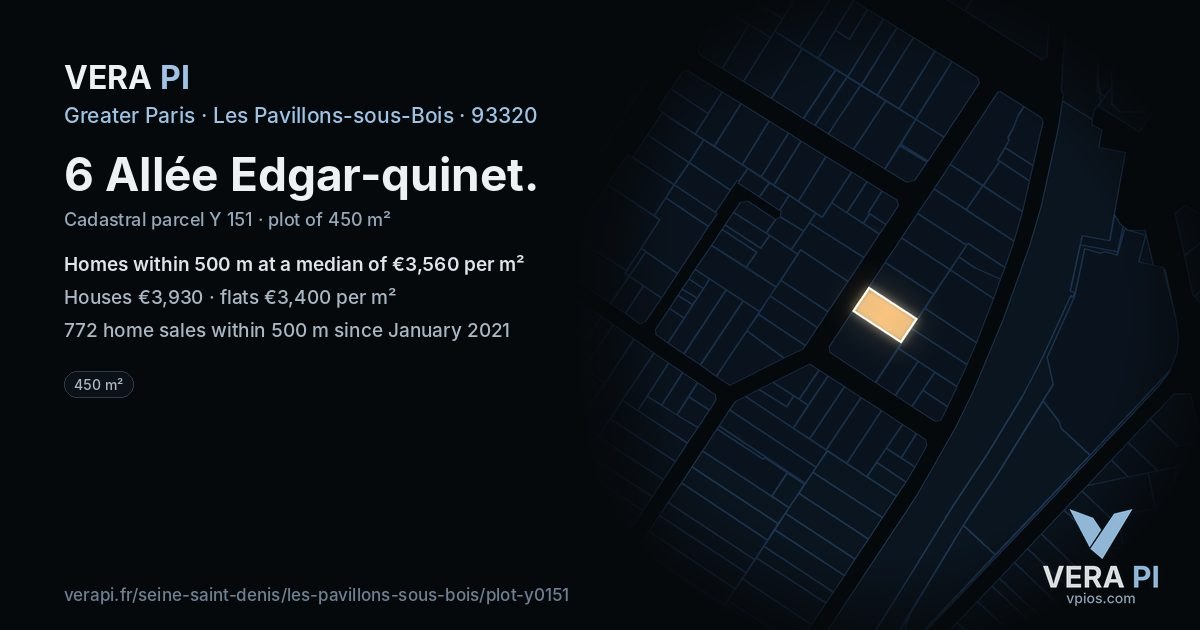 6 Allée Edgar-quinet, Les Pavillons-sous-Bois at night – the plot lit, the parcels around coloured by the prices near them