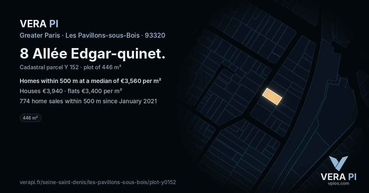 8 Allée Edgar-quinet, Les Pavillons-sous-Bois at night – the plot lit, the parcels around coloured by the prices near them