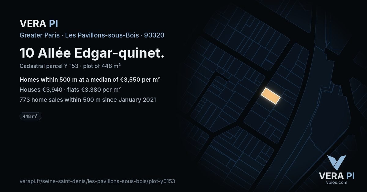 10 Allée Edgar-quinet, Les Pavillons-sous-Bois at night – the plot lit, the parcels around coloured by the prices near them