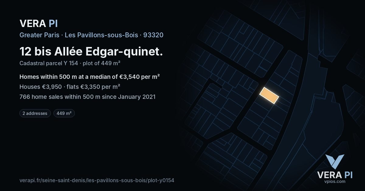 12 bis Allée Edgar-quinet, Les Pavillons-sous-Bois at night – the plot lit, the parcels around coloured by the prices near them