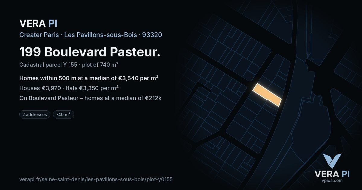 199 Boulevard Pasteur, Les Pavillons-sous-Bois at night – the plot lit, the parcels around coloured by the prices near them