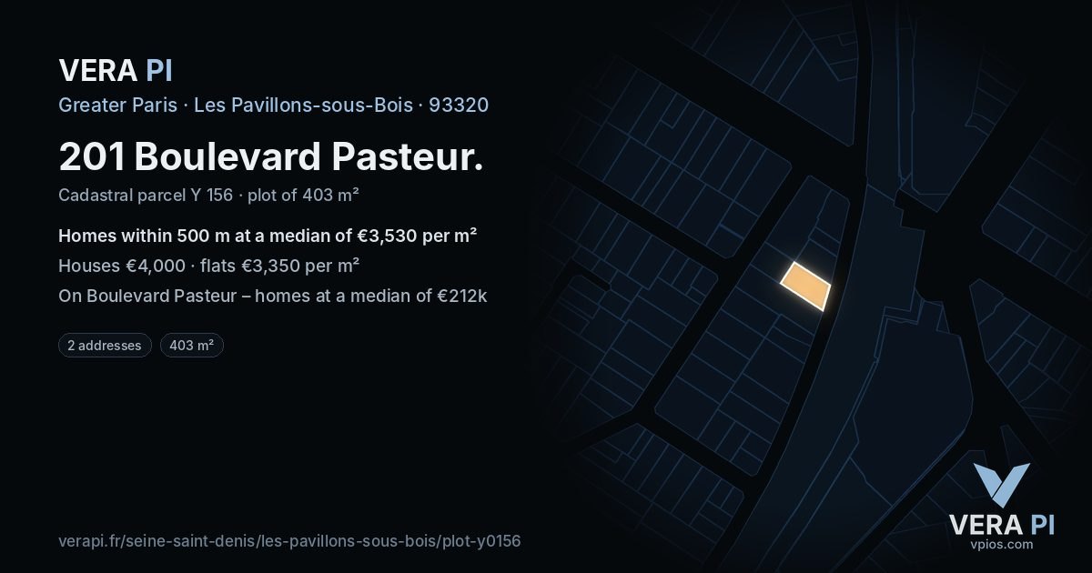 201 Boulevard Pasteur, Les Pavillons-sous-Bois at night – the plot lit, the parcels around coloured by the prices near them
