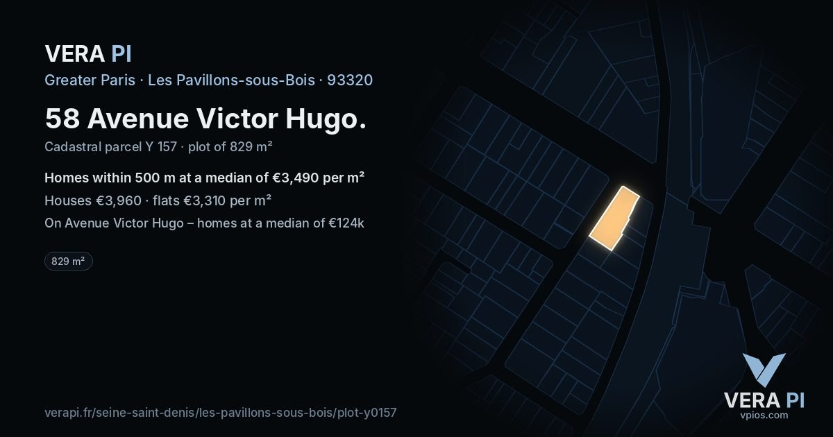 58 Avenue Victor Hugo, Les Pavillons-sous-Bois at night – the plot lit, the parcels around coloured by the prices near them
