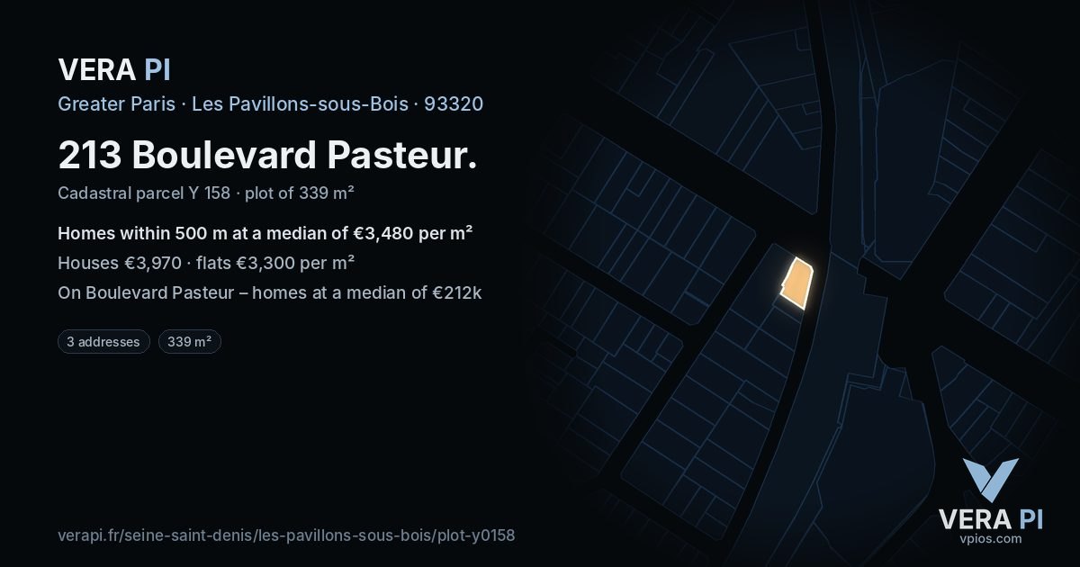 213 Boulevard Pasteur, Les Pavillons-sous-Bois at night – the plot lit, the parcels around coloured by the prices near them