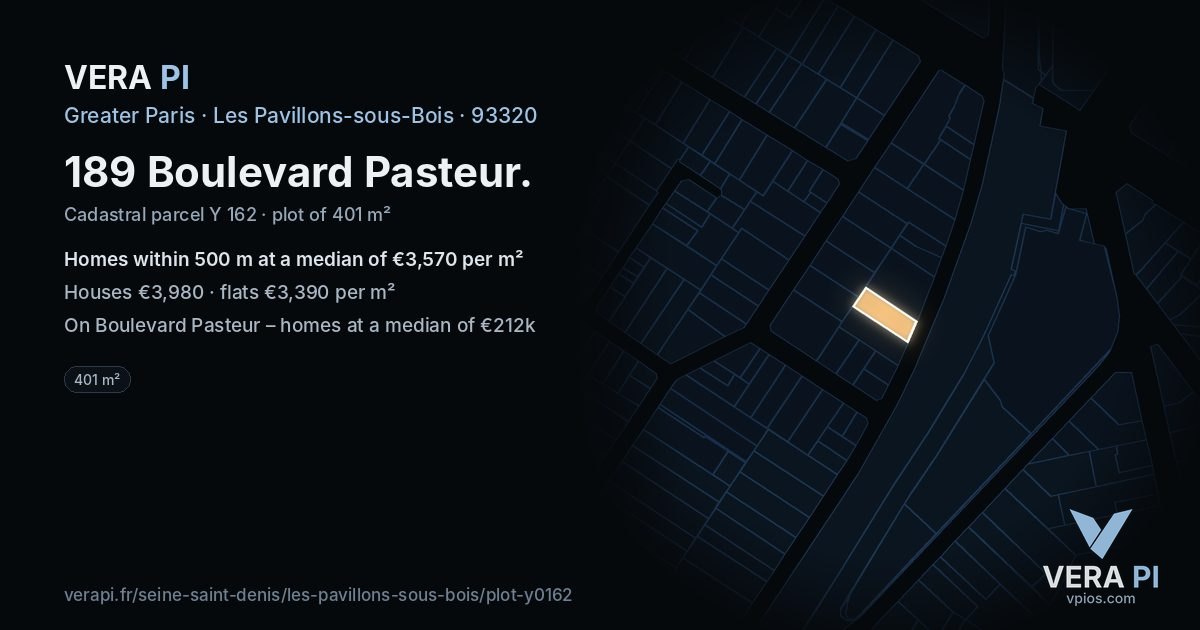 189 Boulevard Pasteur, Les Pavillons-sous-Bois at night – the plot lit, the parcels around coloured by the prices near them