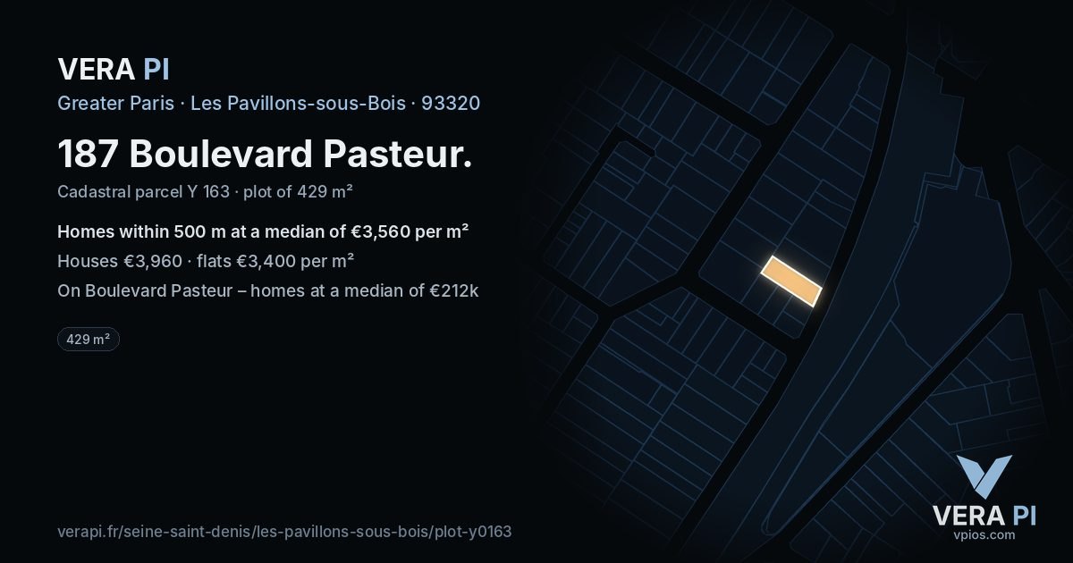 187 Boulevard Pasteur, Les Pavillons-sous-Bois at night – the plot lit, the parcels around coloured by the prices near them