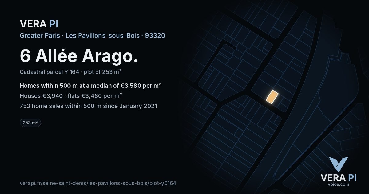 6 Allée Arago, Les Pavillons-sous-Bois at night – the plot lit, the parcels around coloured by the prices near them