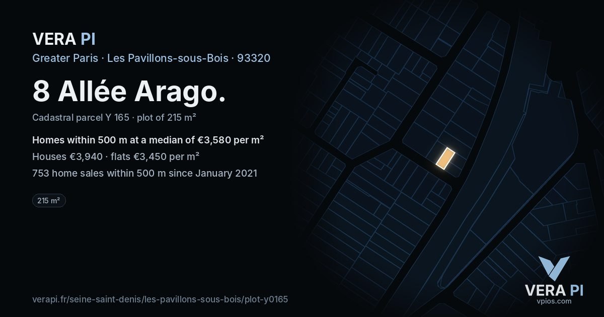 8 Allée Arago, Les Pavillons-sous-Bois at night – the plot lit, the parcels around coloured by the prices near them