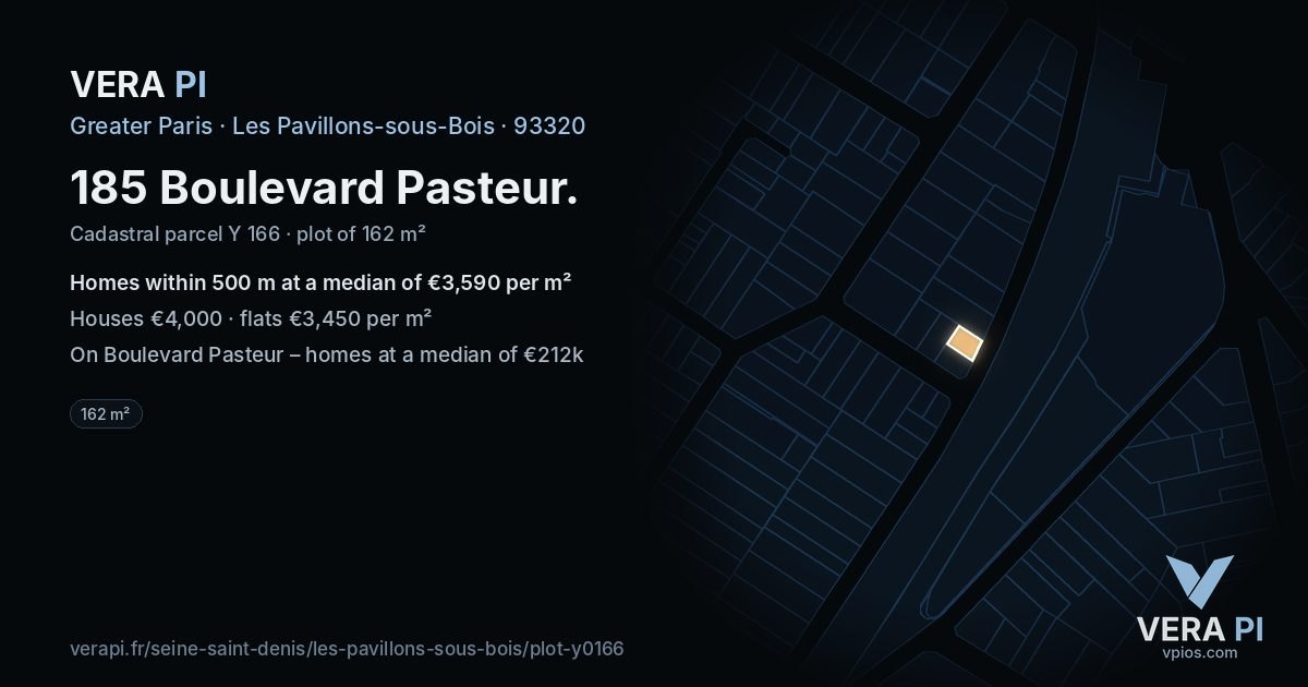 185 Boulevard Pasteur, Les Pavillons-sous-Bois at night – the plot lit, the parcels around coloured by the prices near them