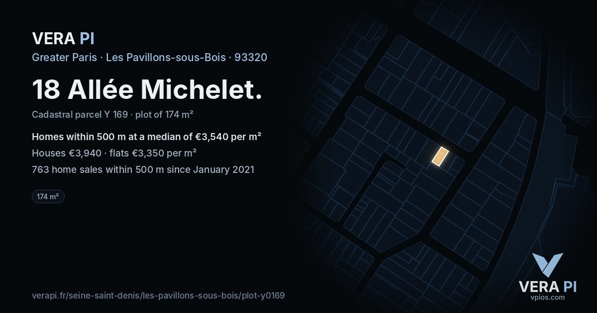 18 Allée Michelet, Les Pavillons-sous-Bois at night – the plot lit, the parcels around coloured by the prices near them
