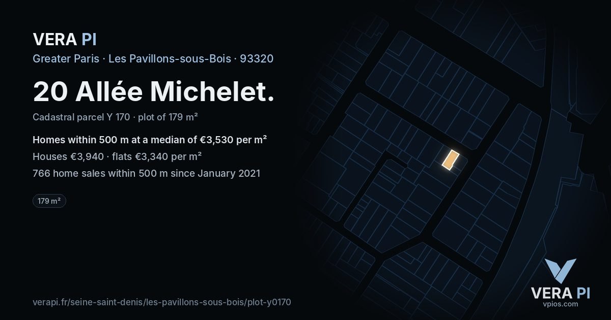 20 Allée Michelet, Les Pavillons-sous-Bois at night – the plot lit, the parcels around coloured by the prices near them
