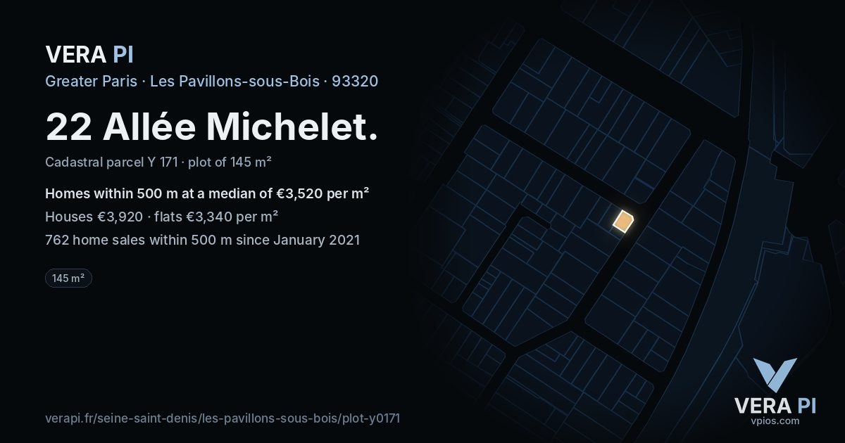 22 Allée Michelet, Les Pavillons-sous-Bois at night – the plot lit, the parcels around coloured by the prices near them