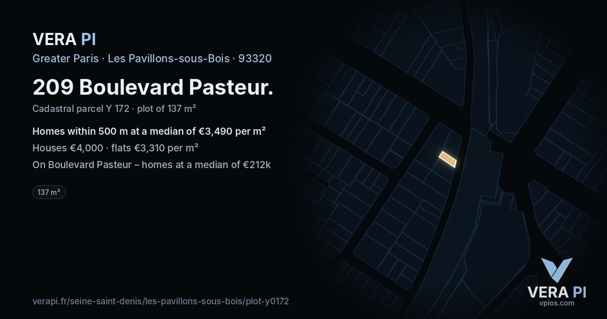 209 Boulevard Pasteur, Les Pavillons-sous-Bois at night – the plot lit, the parcels around coloured by the prices near them